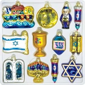 Decoration Set/Decorations for Hannukah Tree [Exclusive for Saint Petersburg Trade House. Size of ornaments: 2.5-3 in. (5-8 cm). Material: Hand-crafted glass and paint. Set includes 12 pieces] [Beautifully shaped from hand-crafted glass, these fantastic decorations were developed by a famous Jewish artist from Northern Africa. Each ornament shines with different colors and reflects the many aspects of Jewish culture. Some traditional Jewish symbols featured in the set include a menorah, a dreidel, the flag of Israel, and silver and gold mezuzahs. Give them as a gift, let them illuminate your own Hannukah tree, or merely hang them about the house to bring some delightful festivity into your home!]