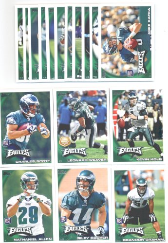 2010 Topps Philadelphia Eagles Complete Team Set of 17 cards including Kevin Kolb, Jeremy Maclin, Leonard Weaver, rookies of Nathaniel Allen, Riley Cooper, Brandon Graham, Charles Scott, and more!