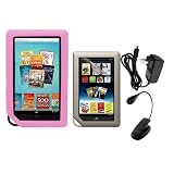 Skque Clear Screen Protector + Pink Soft Silicone Cover Case + Black LED Clip-on Reading Book Light + 2000mAH USB Wall Charger for Barnes&Noble Nook Color Ebook Reader