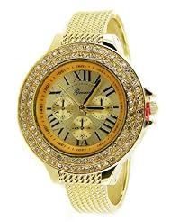 Geneva Chronograph Style Glitz Cuff Bangle Watch-Gold