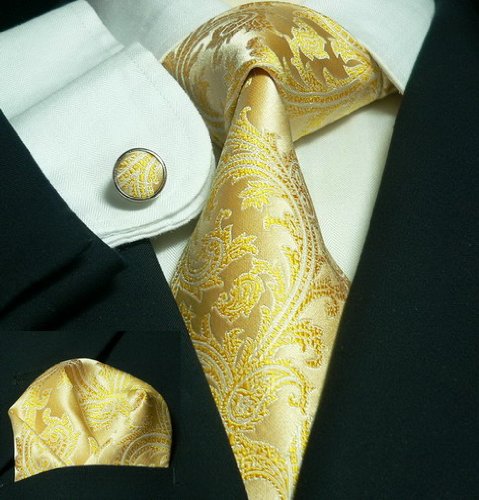 Landisun 89A Yellows Paisleys Mens Silk Tie Set: Tie+Hanky+Cufflinks Exclusive