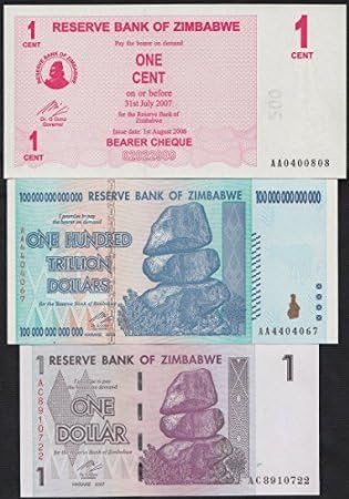 Zimbabwe 100 Trillion,1 Cent & 1 Dollar, 2006,2007 & 2008, P-91,33,65, UNC