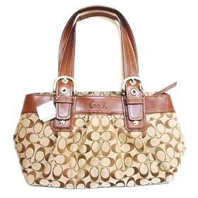Coach Soho Pleated Signature Satchel Tote Handbag Khaki Brown Fabric & Leather 13742