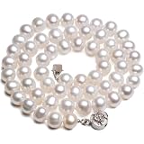 White AAA Cultured Pearl Strand Necklace w. Platinum Overlay CAREFREE Sterling Silver Rose Clasp (LS1R2)
