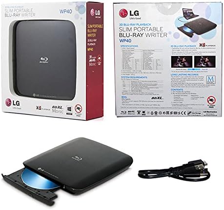 LG 6X External Slim Portable Blu-ray Burner Super Multi Compatibility Drive 3D Playback &amp; M-Disc Support in Retail Box +FREE MDisc BD-R 3pk + Cyberlink Software + USB Cable (WP40NB30)