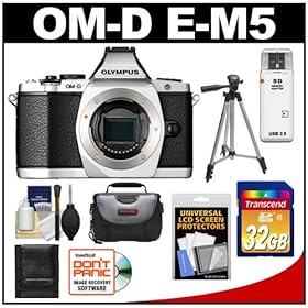 Olympus OM-D E-M5 Micro 4/3 Digital Camera Body (Silver) with 32GB Card + Case + Tripod + Accessory Kit