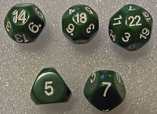 Set of Unusual Dice: d5, d7, d14, d18, and d22 in Green