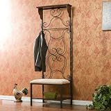 Entryway Hall Tree Storage Bench Scrolls Design Textured Black Frame