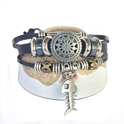 Real Spark Punk Style Unisex Vintage Leather Wristband Metal Rings Pendant Tribal Wrap Bracelet