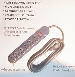 Black Power Strip with 12 Foot Cord and 6 Grounded Outlets
