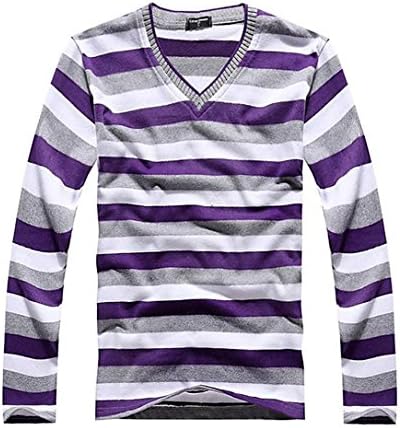 Tophaz Men's Stylish Slim Knitted Basic V Neck Sweater Thin Striped Pullover SW07, Purple Medium