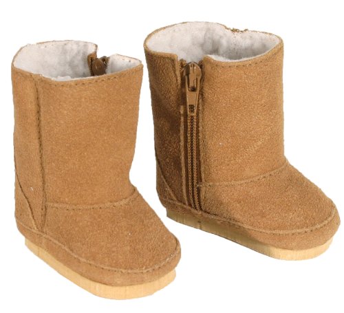 18 Inch Doll Boots fits American Girls Doll, Tan Suede Style with White Sherpa Lining and Zippers for easy Doll Dress Play, Tan Suede Boots