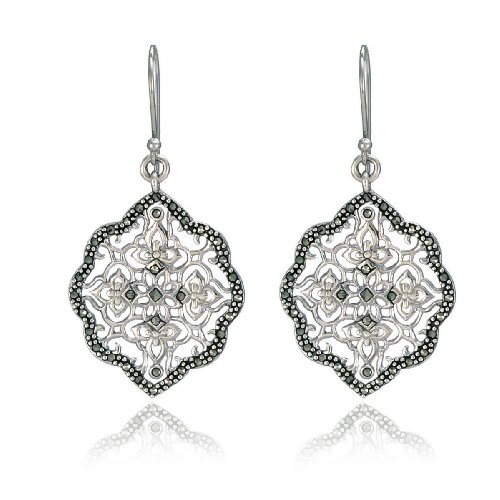 Sterling Silver Marcasite Lattice Flower Wire Earrings