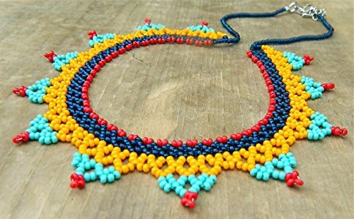 Turquoise, orange, red, blue hand beaded lace choker