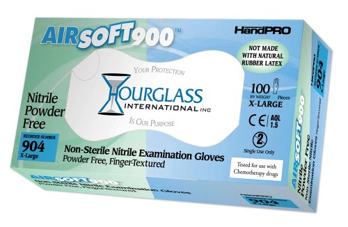 Hourglass HandPRO AirSoft900 Nitrile Glove, Exam, Powder Free, 240mm Length, 0.07mm Thick, X-Large (Case of 10 Boxes, 100/Box)
