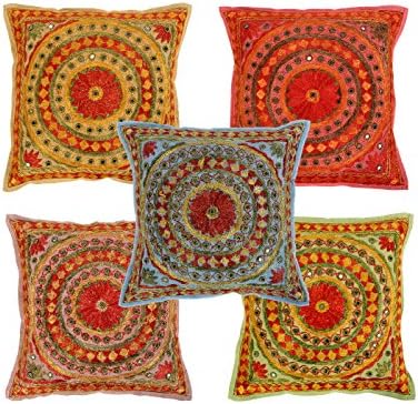 Wholesale 5 Pcs Embroidered Mirror Work Cushion Cover Set Size 16 X 16 Inches By Rajrang
