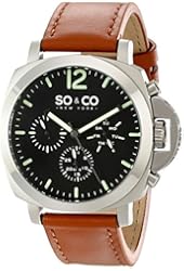SO&CO New York Men's 5022.3 SoHo Day and Date Watch Crown Guard Brown Leather Strap Watch