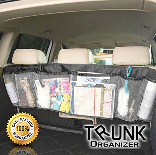 Trunk Organizer Auto Car Interior Removable Storage Mesh Backseat for Cars, Trucks, Van and Suv- Multipurpose and Foldable Five Pocket Cargo Net Organizers in Black- Arrange Everything You Need From Baby, Golf, Business - 100% Money Back Guarantee