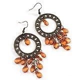 Bronze Filigree Citrine Bead Chandelier Hoop Earrings - 7.5cm Drop
