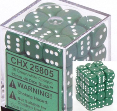 Chessex Opaque 12mm d6 Green w/White Dice Block 36 Dice On Sale