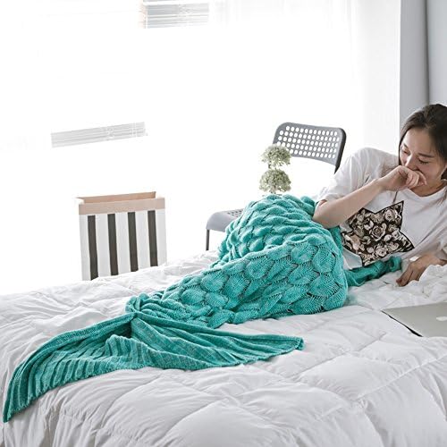 Zmsj-Handmade Knitted Mermaid Tail Blanket ,Sofa Quilt Sleeping Blanket Living room blanket Sleeping bags for Adults and Kids（76.7 inch x37.4 inch ) (Mint Green)