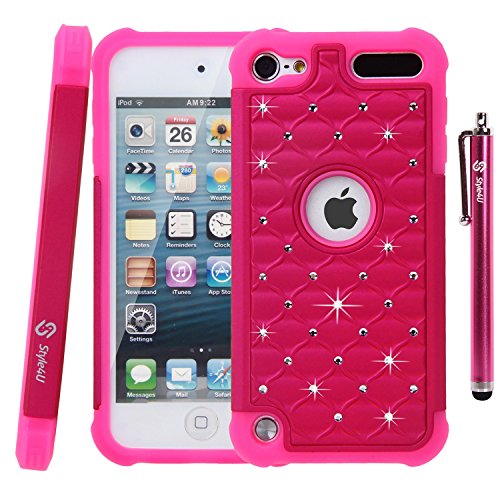 iPod Touch 5 / iPod Touch 6, Touch 5 / Touch 6 Case, Style4U Studded Rhinestone Crystal Bling Hybrid Armor Case Cover for Apple iPod Touch 5 / iPod Touch 6 with 1 Stylus [Hot Pink / Hot Pink]