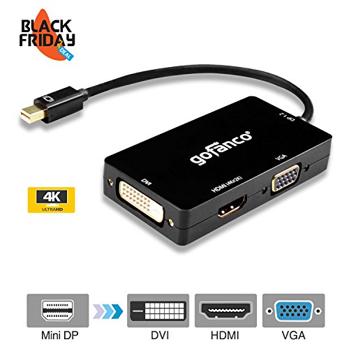 gofanco Mini DisplayPort 1.2 to HDMI/DVI/VGA 4Kx2K 3-in-1 Adapter - Thunderbolt compatible, Black, Gold Plated, for MacBooks, Surface tablets, Chromebook Pixel and laptops with a Mini DP output