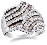 14K White Gold Large White and Chocolate Brown Diamond Cross Over Wedding , Anniversary OR Fashion Right Hand Ring Band - w/ Channel Invisible Set Round & Baguette Diamonds - (1.75 cttw)