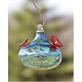 Teal Blue Glass Hummingbird Feeder with Wire Cleaning Brush