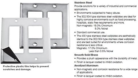 Bryant Electric SS1426 Metallic Wallplate, 2-Gang, 1 Blank 1 Decorator/GFCI Opening, Standard Size, 302/304, StainlessSteel, With Removable White Protective Film