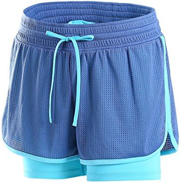 FEILV Women's Active Mesh 2 in 1 Run Sport Shorts (L, NEW Style - Blue)