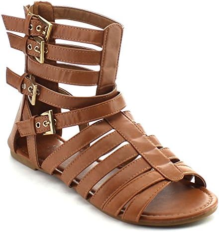 GLAMOUROUS NANA-503 Women's Multi Strappy Buckle Back Zip Flat Gladiator Sandals, Color:TAN, Size:5