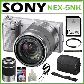 Sony NEX-5NK/S 16.1MP Compact Interchangeable Lens Digital Camera in Silver with 18-55mm Lens + Sony SEL55210 E-Mount 55-210mm F4.5-6.3 Lens + 16GB SDHC Accessory Kit