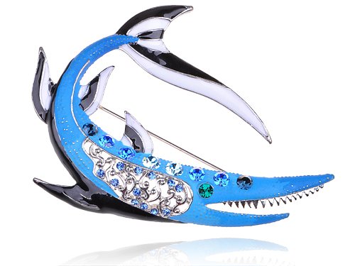 Tiger Shark Crystal Rhinestone Blue Enamel Body Pin Fashionable Costume Brooch