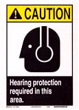 Brady 45004 10 Width x 14 Height B-120 Premium Fiberglass, Black and Yellow on White Alert Sign, Header Caution, Legend Hearing Protection Required In This Area (with Picto)