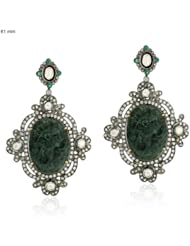 Diamond Pave Emerald Cameo New Year Dangle Earrings 18kt Gold & Silver Vintage Style Jewelry