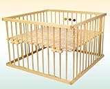 Kidsmax Laufgitter Laufstall David 100x100 Kiefer klar lackiert inkl. Spielkugeln, Polsterboden, Schlupfsprossen, Höhenverstellung und Rollen