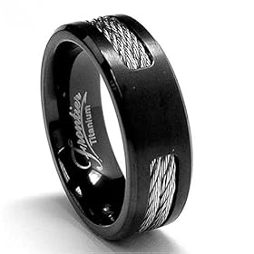 Black Titanium ring Wedding band with Stainless Steel Cables sizes 7 to 12