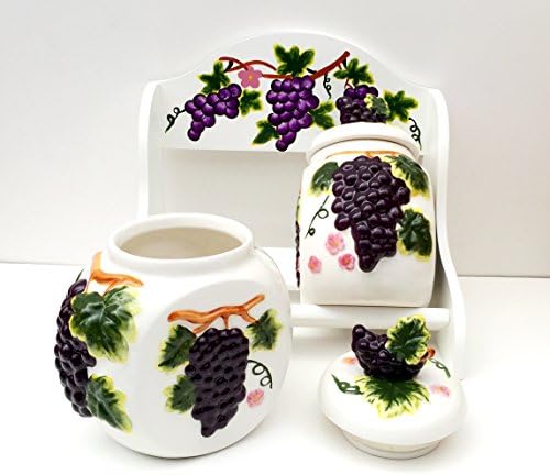 Amadora white grape 2-piece cookie jar w/ wood rack