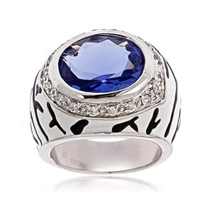 Sterling Silver Black and White Enamel Simulated Oval Tanzanite Ring