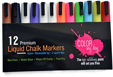 12 Premium Liquid Chalk Marker, 8 extra Labels and 2 Spare Tips, Includes 3 popular White Markers - Start Color My Day!