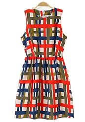 Checkered Print Plaid Print Sleeveless Fall Scoop Neck Polyester Pleated Midi Dress 