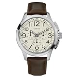 GUESS Men's W10562G1 Round Case Cream Dial Brown Leather Strap Watch