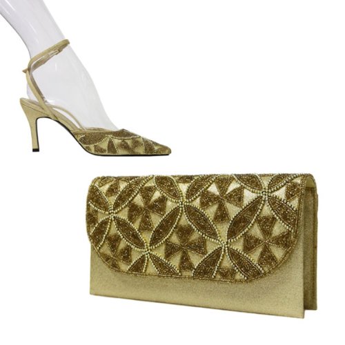 Satin Beaded Shoes and Matching Bags Set Size 7/40 - Gold