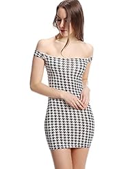 Houndstooth Print Fitted Vintage Bateau Neck Cotton Bodycon Dress 