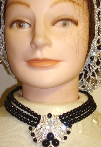 Click here to buy Three Strand Onyx Pearl Necklace and Pendant Made of Crystals on Sterling Silver with Matching Ear....
