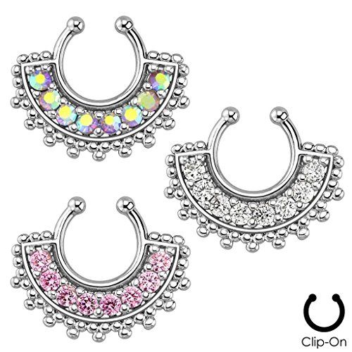 Silver-Tone Fake Septum Clicker Clip On Non Piercing Nose Ring Hoop Cartilage Tribal Fan 3/8