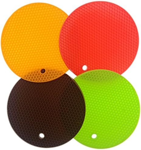 iNeibo Kitchen Silicone Round Honeycomb Trivet Mat - Pack Of 4 - Varying Bright Jelly Color - Multi-purpose, Can Be Used As Pot Holder, Hot Pad, Coaster, Drying Mat, Jar Opener - Heat Resistant &amp; Easy To Wash