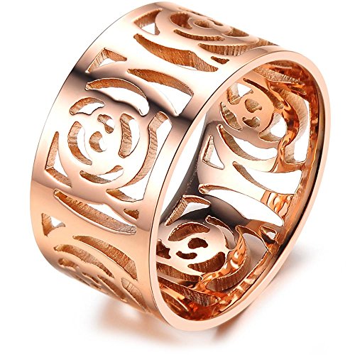 Women's Fashion Classic Flowers Hollow Stainless Steel Ring Lovely Rose Charming Lady Gril Band Gold