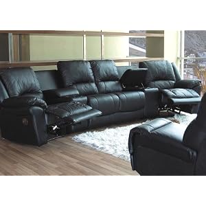 Black Leather Motion Home Theater Sectional Sofa Couch